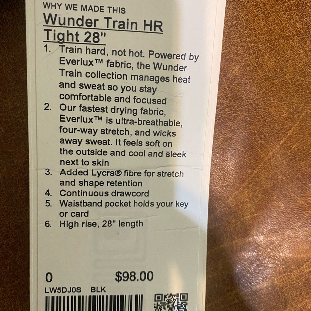 NWT, Lululemon, Wunder Train HR Tight 28” black leggings, size 0